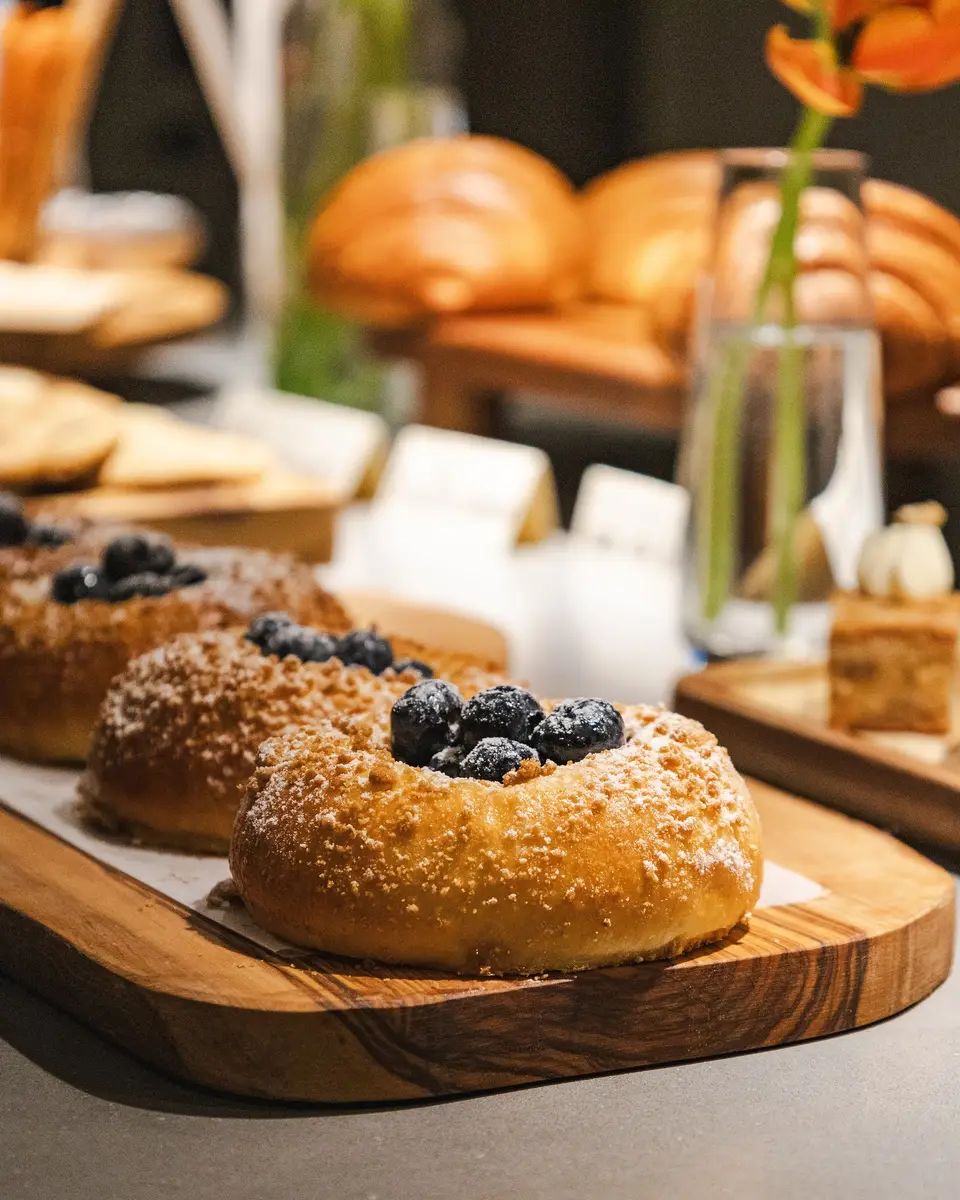 A warm table of fresh baked goods and flowers